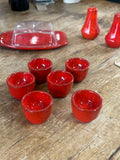 Vintage 1970s West German Pottery Breakfast Set – Butter Dish, Jam Pot, Salt & Pepper Shakers, 6 Egg Cups – Retro Red Glaze