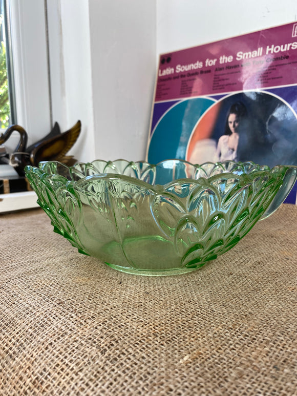 1930’s Art Deco green uranium glass fruit bowl