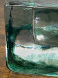 Kosta Boda Heavy Glass Brick Candle Holder – Marine Green & Clear Swirl Design