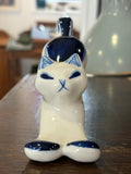 Vintage 1970s Gzhel Hand-Painted Stretching Cat Figurine – Blue & White Porcelain, USSR