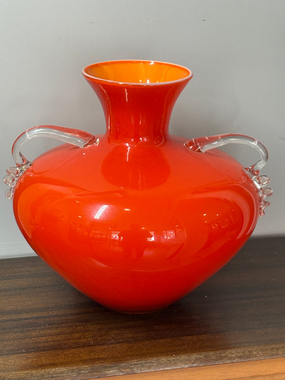 Mid-Century Italian Opaline Glass Vase with Clear Applied Handles