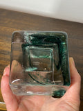 Kosta Boda Heavy Glass Brick Candle Holder – Marine Green & Clear Swirl Design