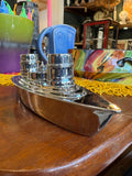 Vintage Chrome “Falmouth” Ship Cruet Set with Blue Glass Liners, 1930s–40s