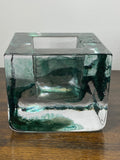 Kosta Boda Heavy Glass Brick Candle Holder – Marine Green & Clear Swirl Design