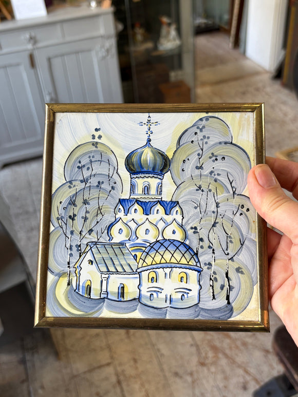 Hand-painted Russian Orthodox church ceramic tile in gold frame, vintage folk art wall hanging