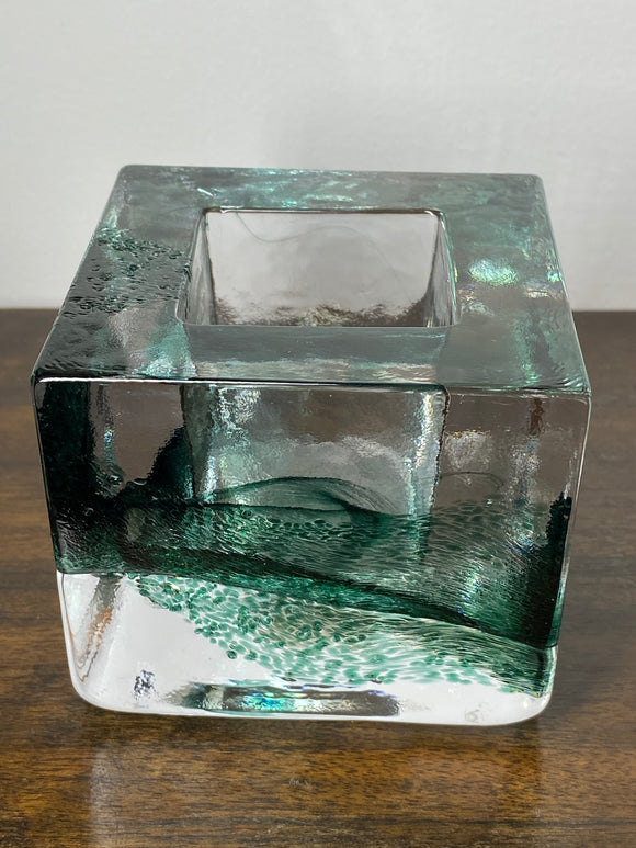 Kosta Boda Heavy Glass Brick Candle Holder – Marine Green & Clear Swirl Design