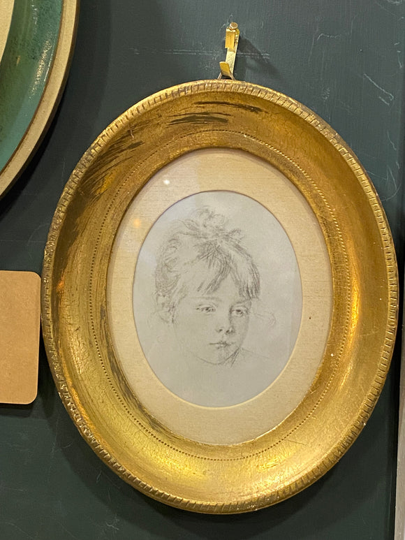 Sweet Vintage Oval Framed Drawing of a Girl