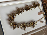 Florenza Signed Vintage Necklace, 1950s Gold Tone, Peridot Green Rhinestones & Faux Seed Pearls — As Found
