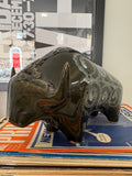 1960s Lotus Pottery stylised bull in olive green glaze by Elizabeth Skipworth