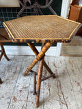 Antique Bamboo Occasional Table | Scorched Tortoiseshell Finish, Woven Rattan Top, Victorian/Edwardian