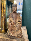Antique Chinese carved wood ancestor figure of seated scholar official, front view