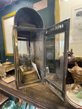 Lantern with door open, showing oil font, burner, glass chimney and ribbed reflector