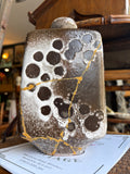 Strehla Keramik Vase, East German Fat Lava Pottery, Vintage Brown Crater Glaze Vase with Gold Repair Line