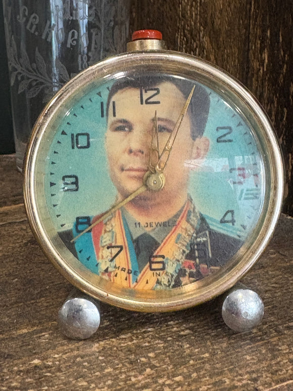 Rare 1960s USSR alarm clock with portrait of Yuri Gagarin