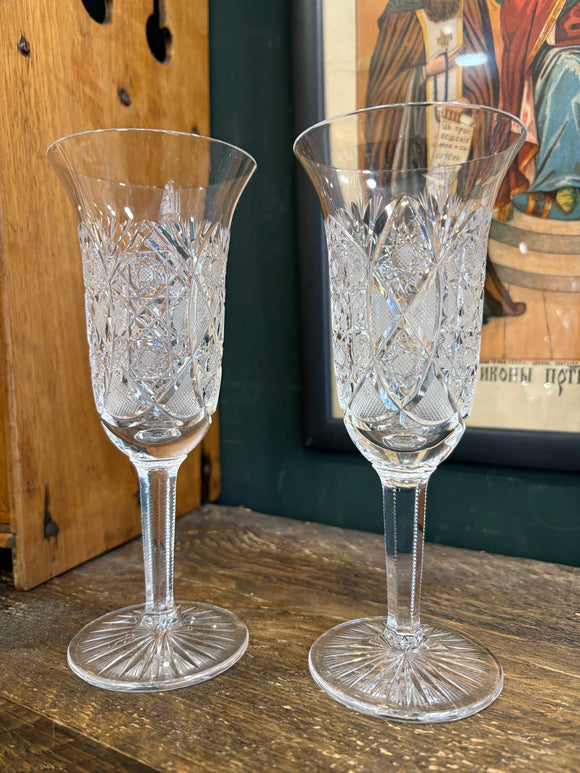 Pair of 1950s Bohemian Crystal Champagne Flutes