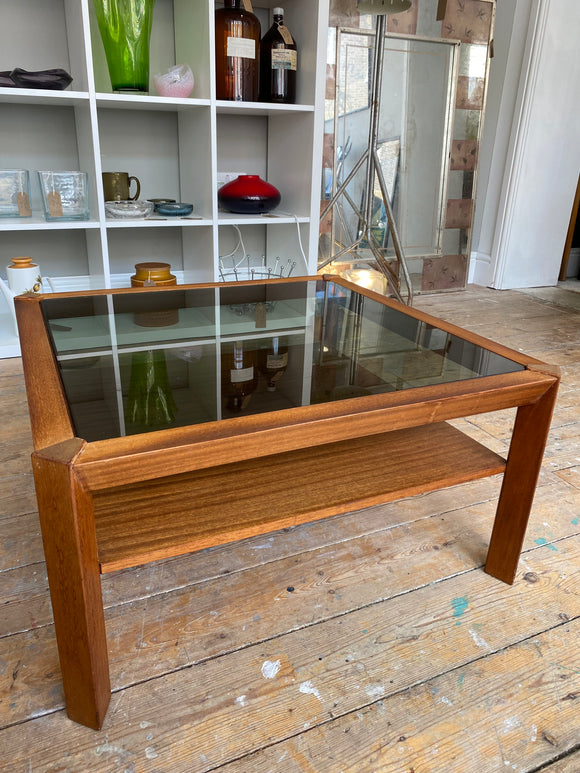 Mid-Century Teak & Smoked Glass Coffee Table – Stylish Retro Design