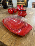 Vintage 1970s West German Pottery Breakfast Set – Butter Dish, Jam Pot, Salt & Pepper Shakers, 6 Egg Cups – Retro Red Glaze