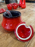 Vintage 1970s West German Pottery Breakfast Set – Butter Dish, Jam Pot, Salt & Pepper Shakers, 6 Egg Cups – Retro Red Glaze