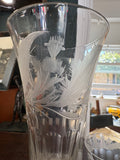 Close-up of etched thistle motif on Edinburgh Crystal trumpet vase