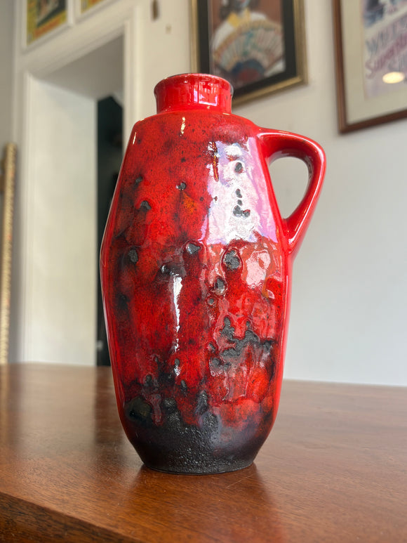Mid-century Jopeko keramik fat lava vase in glossy red and black glaze, marked 3001 20, 20.5cm high.