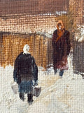 Close-up of two figures in coats and headscarves painted in oils