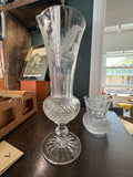Edinburgh Crystal trumpet vase with etched thistle pattern and diamond-cut base