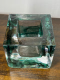 Kosta Boda Heavy Glass Brick Candle Holder – Marine Green & Clear Swirl Design