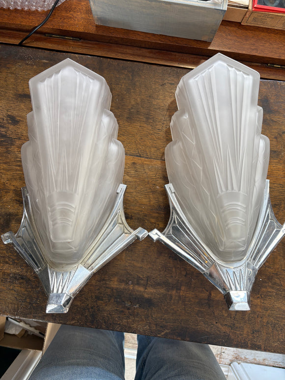 Pair of Art Deco frosted glass and chrome wall sconces