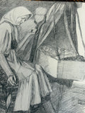 Detailed pencil drawing of Russian peasant woman spinning thread beside hanging cradle with infant from 1958 Soviet Tolstoy children’s book
