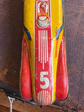 Rear view of vintage JBP Products tinplate racing car showing JEPSON driver name and number 5