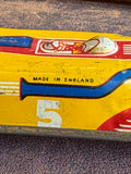 Close-up of Made in England text and number 5 lithography on JBP Products tinplate racing car body