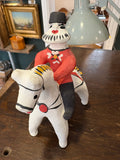 Vintage Russian Kargopol Clay Rider Figurine – Hand-Painted Folk Art Toy, Red Jacket (c.1970s)