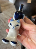 Vintage 1970s Gzhel Hand-Painted Stretching Cat Figurine – Blue & White Porcelain, USSR