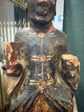 Close-up of tablet and painted robe on antique Chinese carved official figure