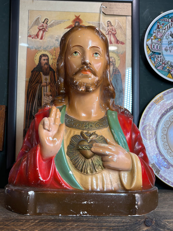 Large vintage French chalkware Jesus bust with Sacred Heart detail