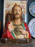 Large vintage French chalkware Jesus bust with Sacred Heart detail