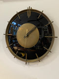 Stylish 1960s French Wall Clock – Brass & Black Glass with Quartz Movement