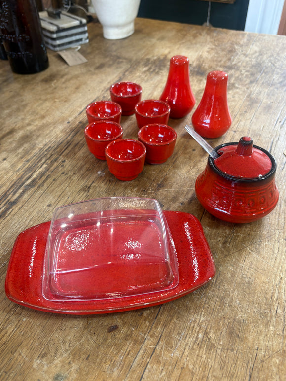 Vintage 1970s West German Pottery Breakfast Set – Butter Dish, Jam Pot, Salt & Pepper Shakers, 6 Egg Cups – Retro Red Glaze