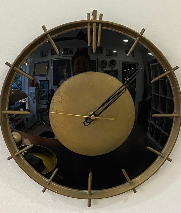 Stylish 1960s French Wall Clock – Brass & Black Glass with Quartz Movement