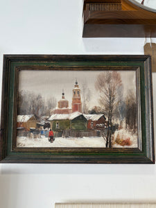 Russian Impressionist oil painting, winter village scene with church towers