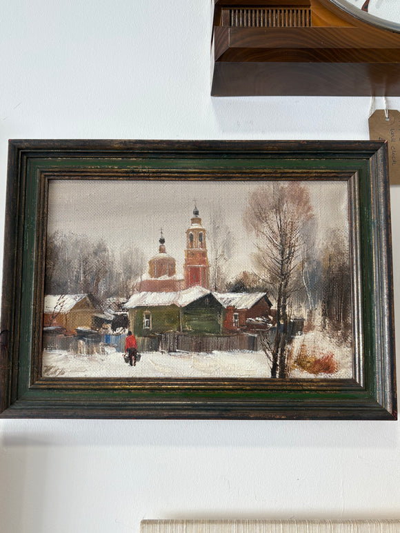 Russian Impressionist oil painting, winter village scene with church towers