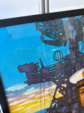 Close-up of upper left of Soviet Navy propaganda poster showing detailed illustration of warship radar array and superstructure against vivid blue sky