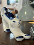 Vintage 1970s Gzhel Hand-Painted Stretching Cat Figurine – Blue & White Porcelain, USSR