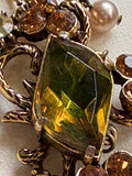 Florenza Signed Vintage Necklace, 1950s Gold Tone, Peridot Green Rhinestones & Faux Seed Pearls — As Found