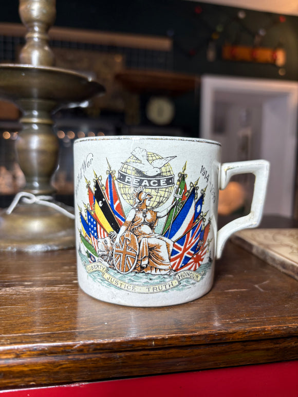 Burslem Potteries WWI Peace mug with Brittania and Allied flags