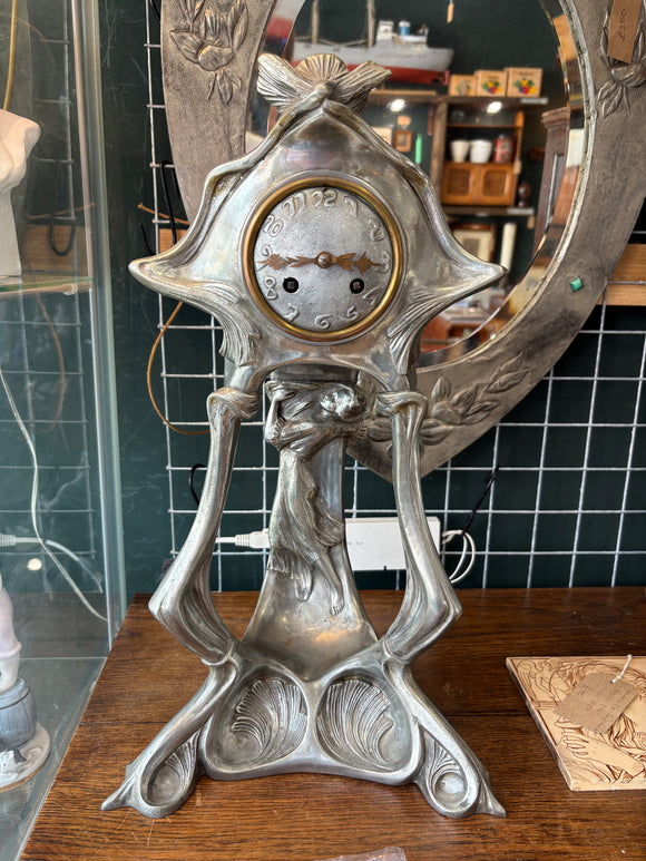 Art Nouveau silvered spelter mantel clock with Gustav Becker movement, c.1900