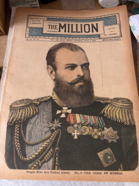 Front cover of The Million newspaper, April 1893, featuring portrait of the Czar of Russian