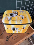 Vintage Twinings Tea Tin – 1950s/60s Yellow Storage Tin with Chrome Tea Set Graphics