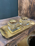 Art Nouveau brass and glass double inkwell