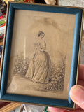 Regency engraving of lady holding flowers in garden setting